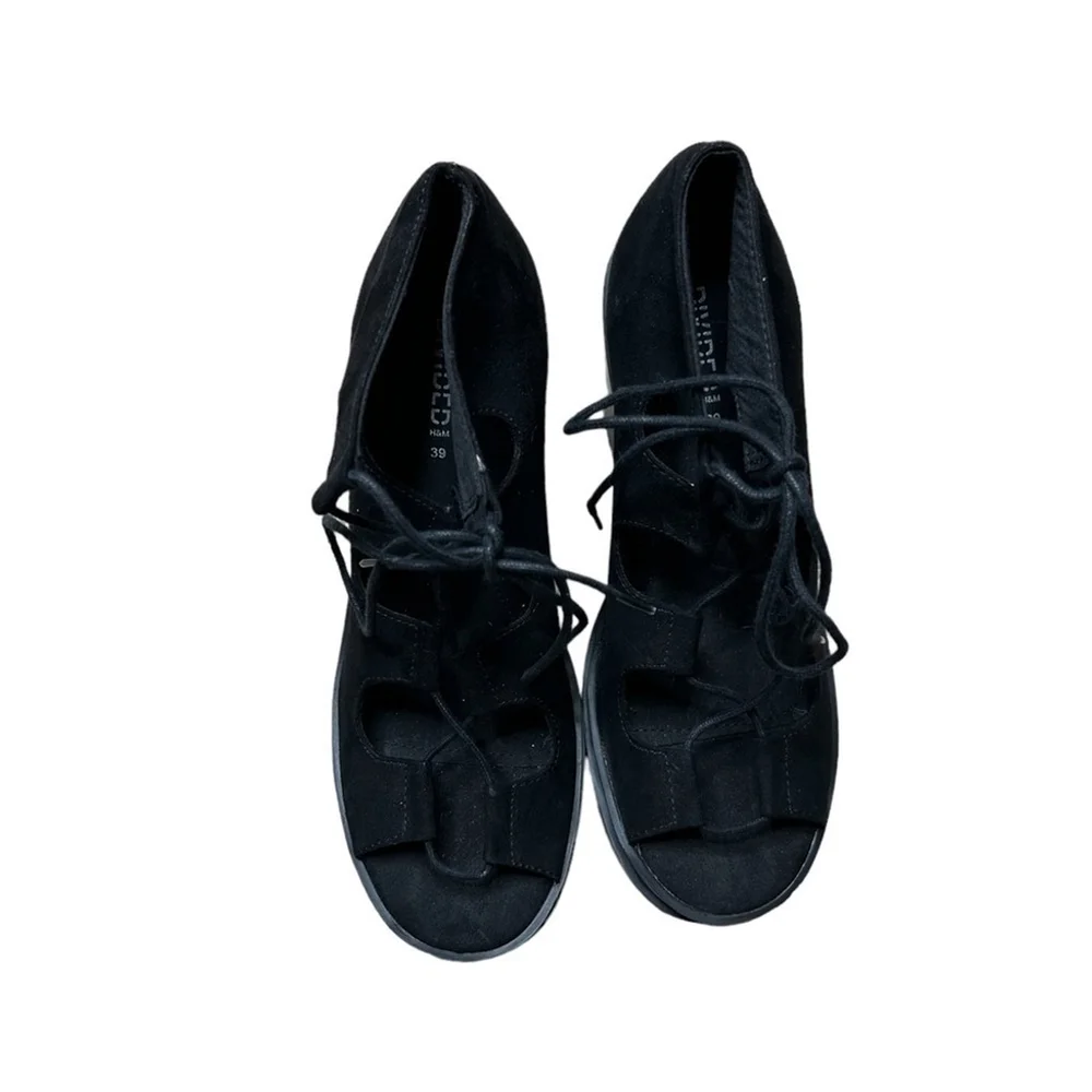 H&M Coachella Boho Black Suede Lace Up Platform Sandals Size 8 - Picture 10 of 13
